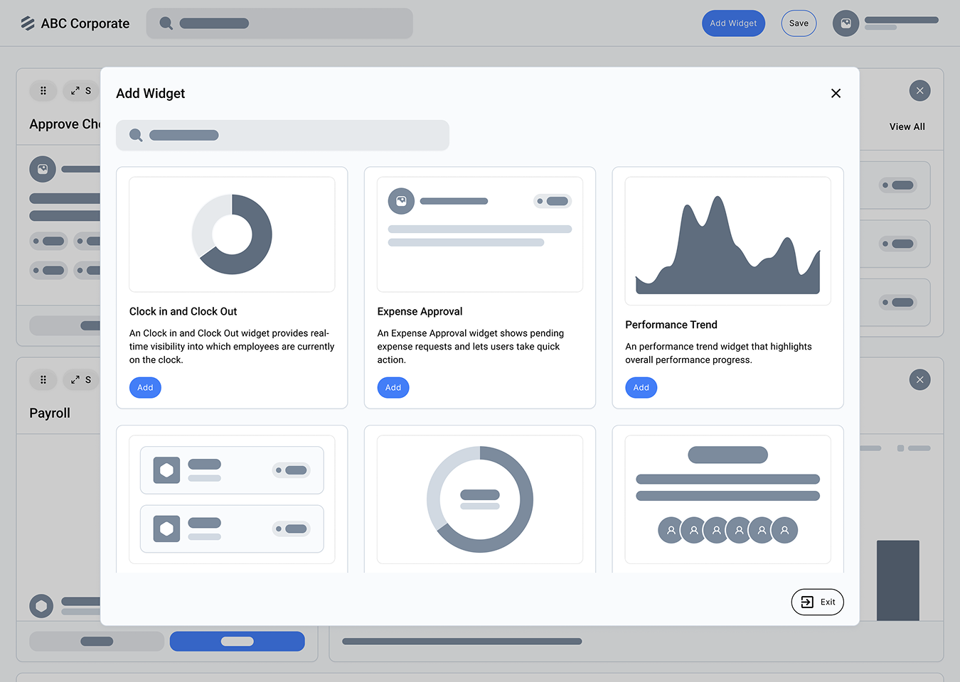 Modal prototype with a centered widget gallery over the dashboard