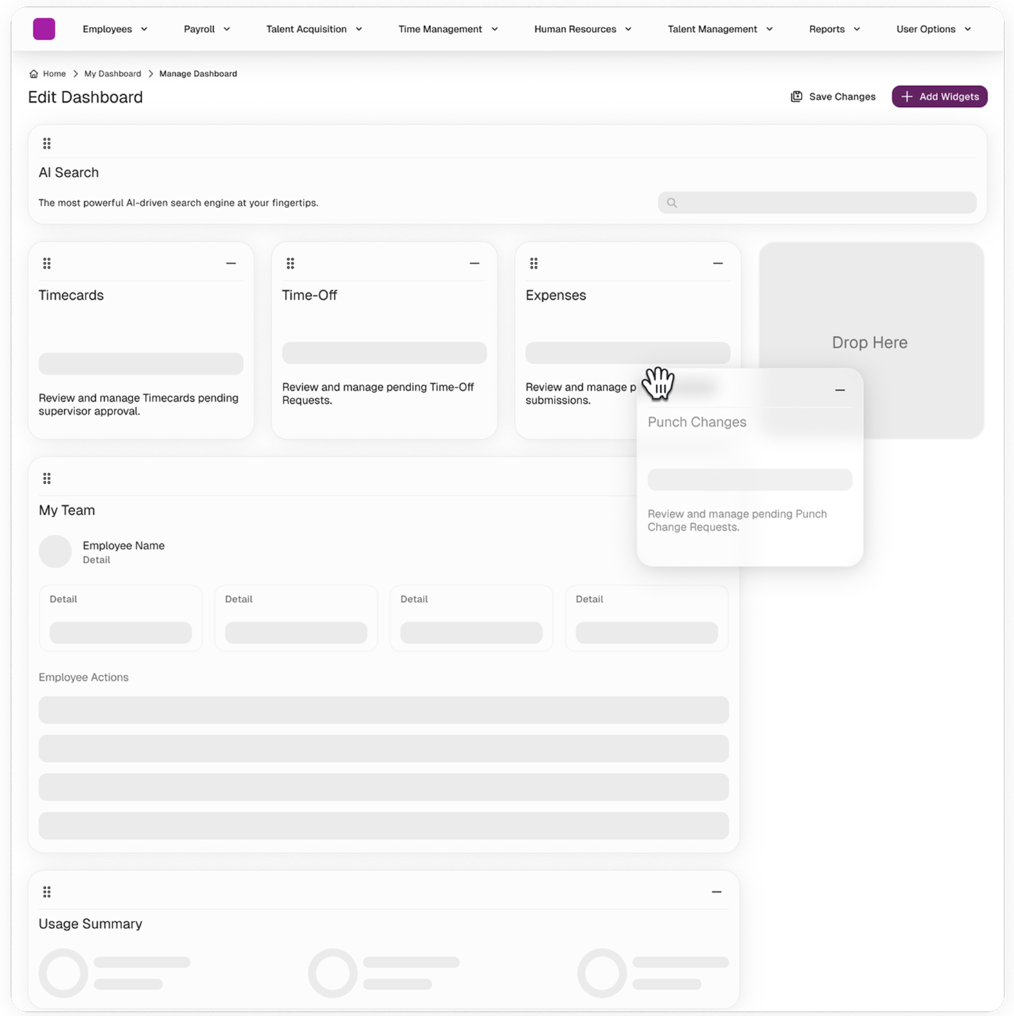 Final dashboard editing design with a drag handle, dragged widget, and a clearly labeled Drop Here target