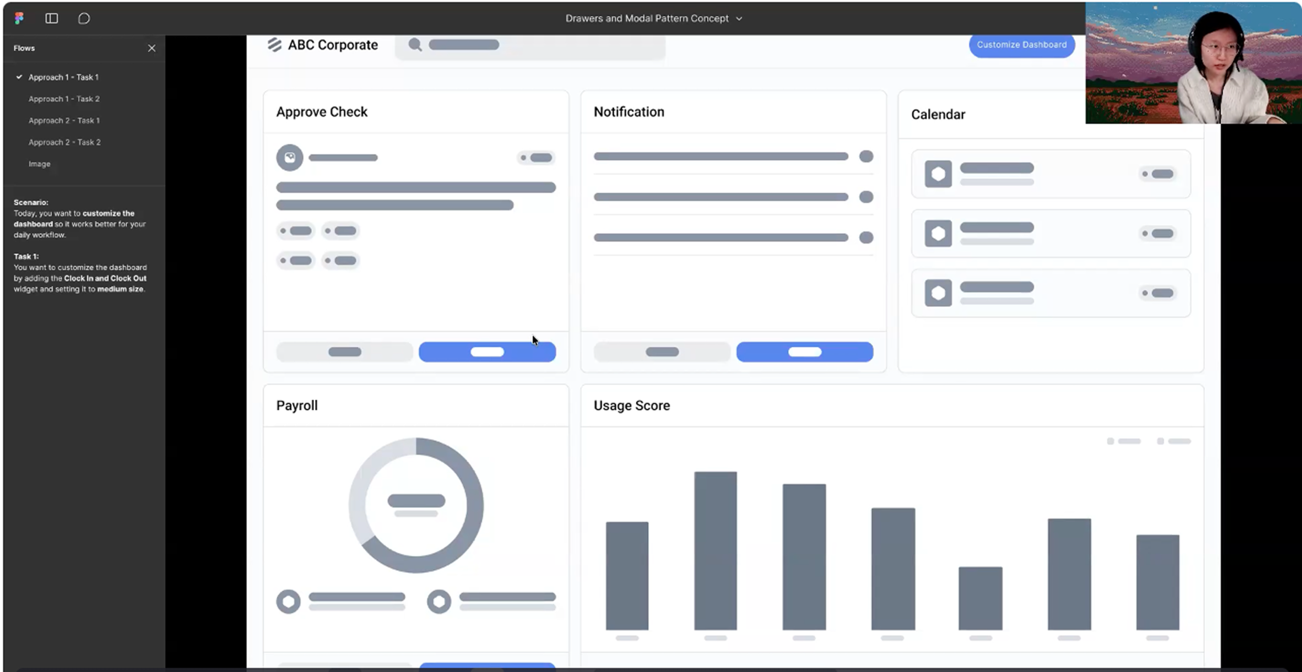 Recorded usability testing session showing the dashboard prototype and participant feedback