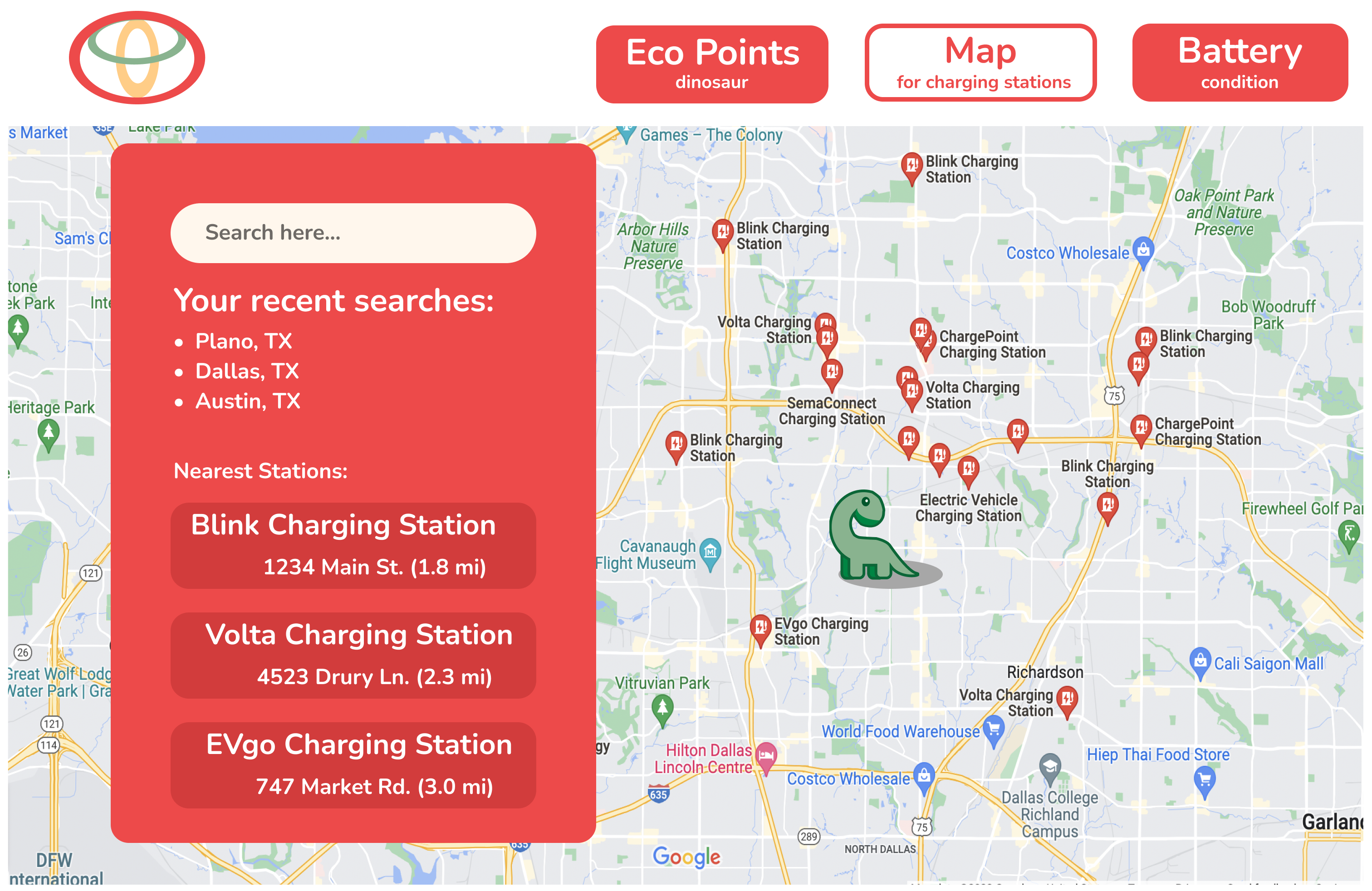EggV map with nearby EV charging stations and recent searches