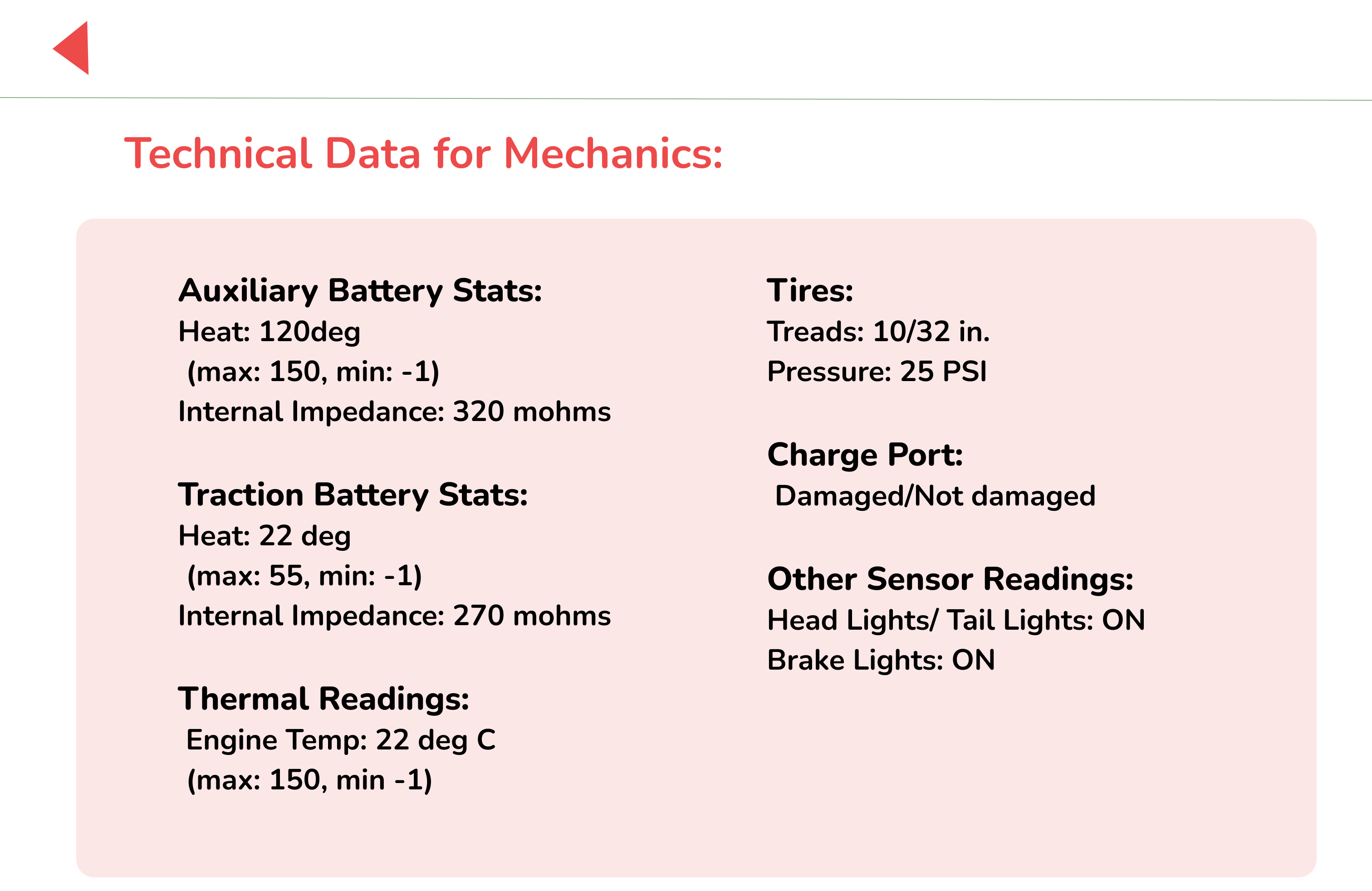 EggV technical data for mechanics including battery, tire, charging-port, and sensor information