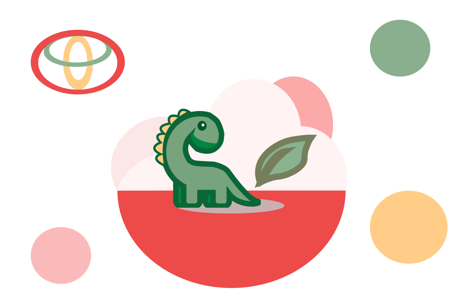 EggV artwork with a green dinosaur, leaf, Toyota logo, and colorful circles