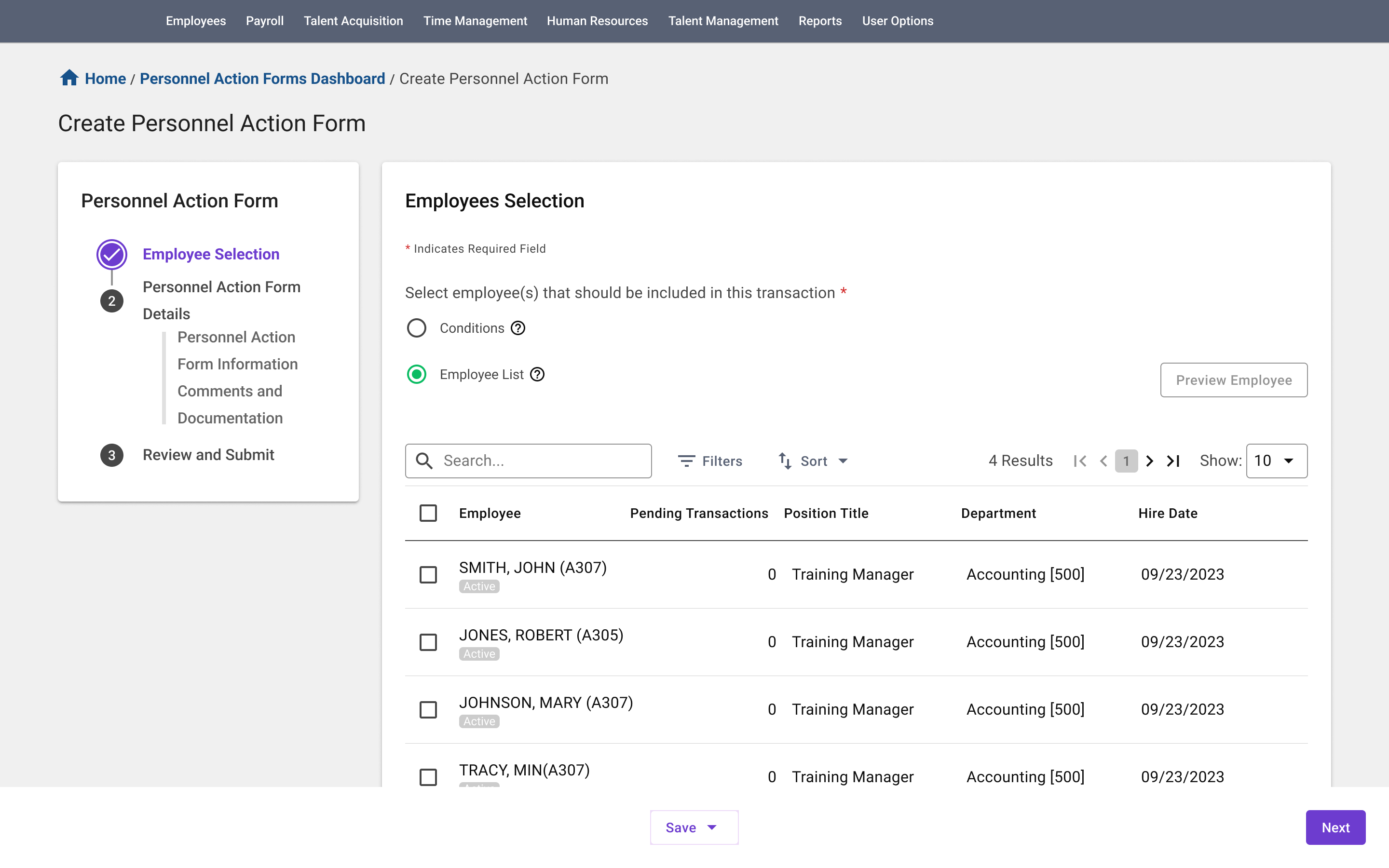 Redesigned PAF employee selection step