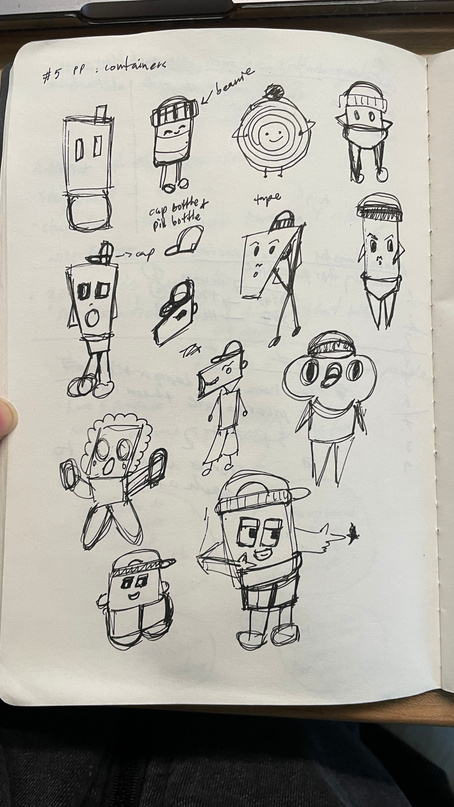 Sketchbook page filled with alternative plastic-character silhouettes and personalities