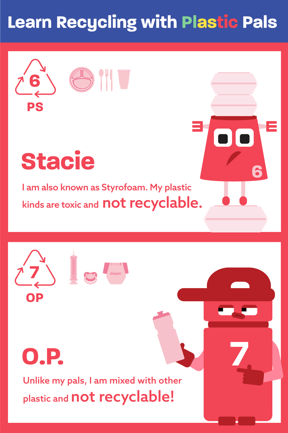 Finished red Plastic Pals poster introducing Stacie and O.P. with polystyrene and mixed-plastic objects