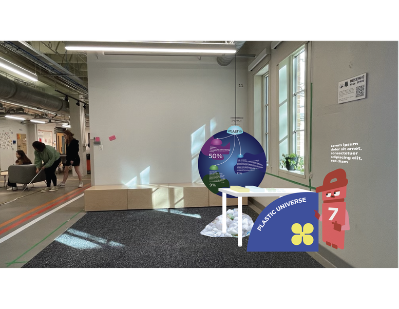 Early exhibition concept placing illustrated panels and a globe inside a gallery space