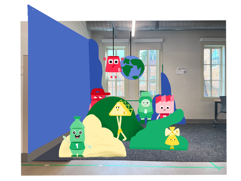 Exhibition mockup with the seven plastic characters arranged in front of a blue wall and globe