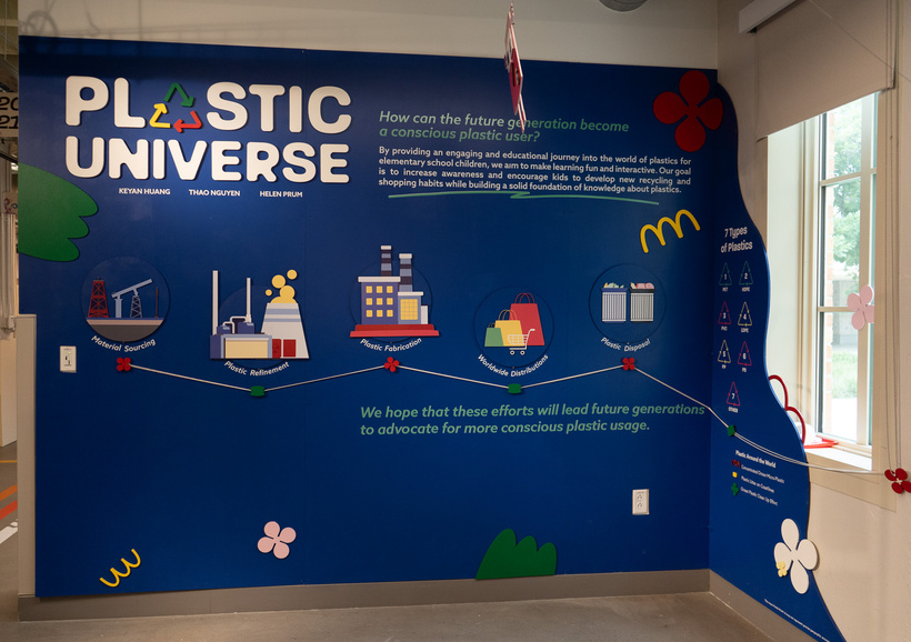 Completed blue Plastic Universe wall tracing the story of plastic from material sourcing to disposal