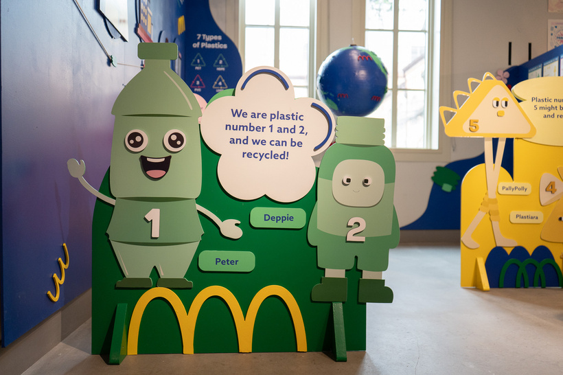 Life-size green Peter and Deppie information panel inside the exhibition