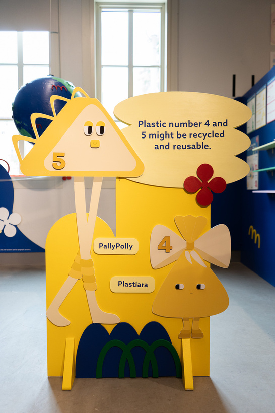 Yellow Plastiara and PallyPolly information panel with illustrated everyday plastic objects