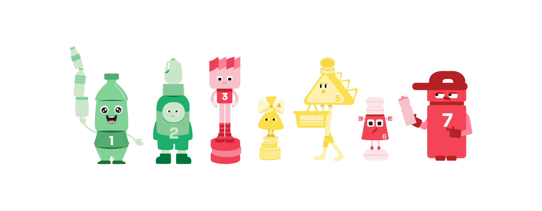 The seven Plastic Pals characters lined up on a white background